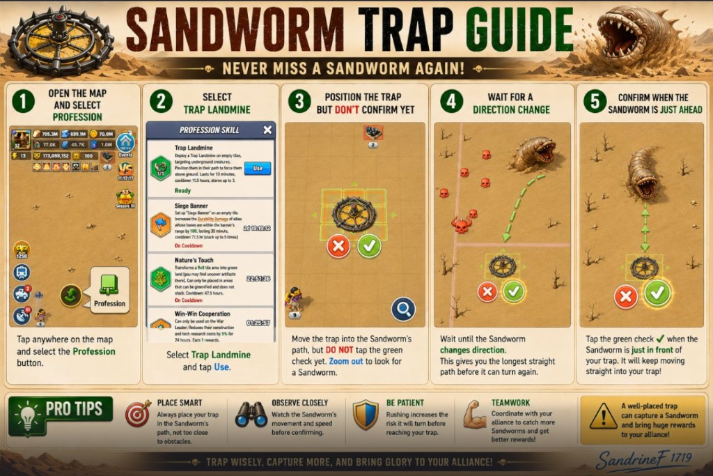 Sandworm Trap Guide showing the five steps to place a Trap Landmine and capture a Sandworm