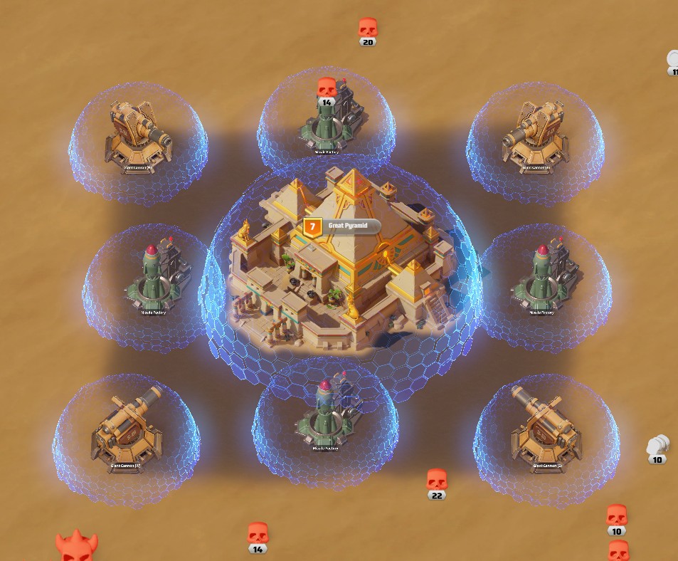 Top-down view of the Season 3 Great Pyramid warzone capitol with Giant Cannons, Missile Factories, and shields in Last War: Survival