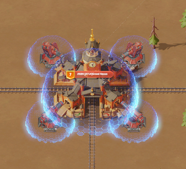 Top-down view of the Season 5 Grand Nexus warzone capitol with Great Cannons and shields in Last War: Survival