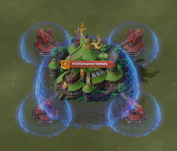 Top-down view of the Season 6 Deepwood Sanctuary warzone capitol with Giant Cannons and shields in Last War: Survival