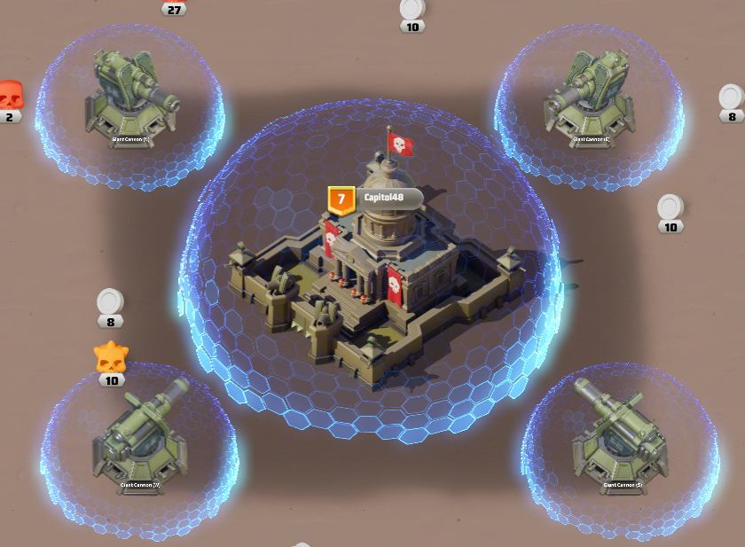 Top-down view of the Warzone Capitol and four Giant Cannons with shields in Last War: Survival